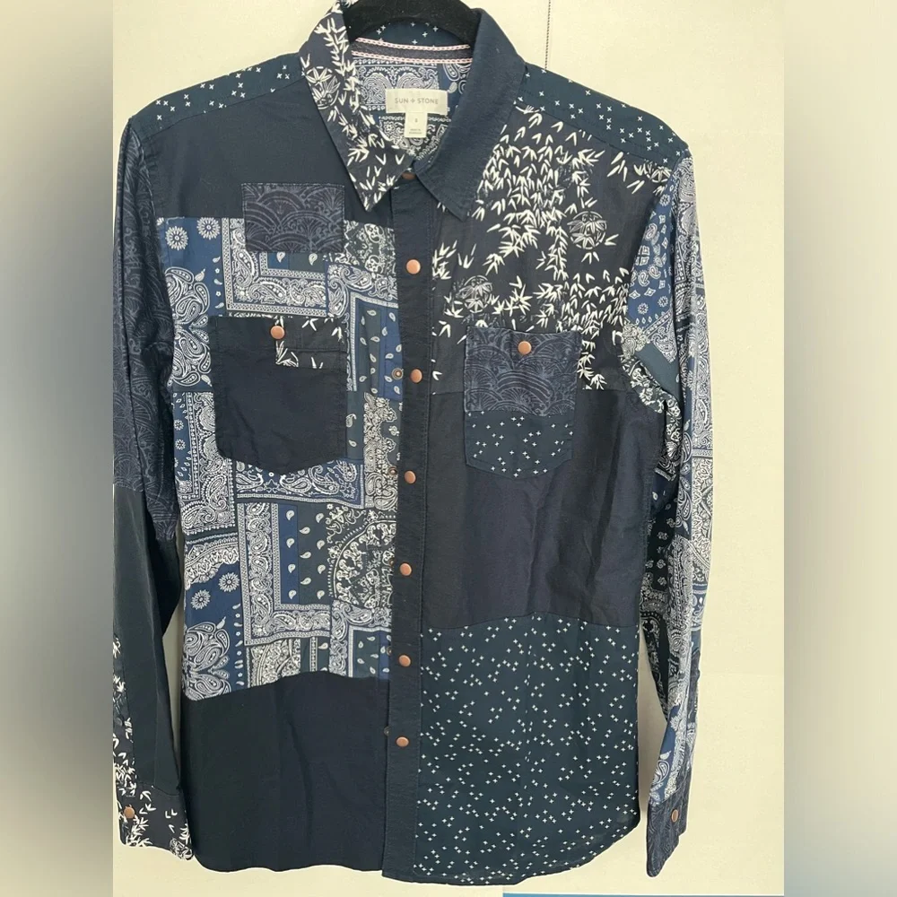 Navy Blue paisley collared shirt - Picture 2 of 6